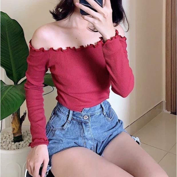 [hot] Áo thun bẹt vai tay dài cuốn biên, áo thu đông tay dài A1202 . | BigBuy360 - bigbuy360.vn