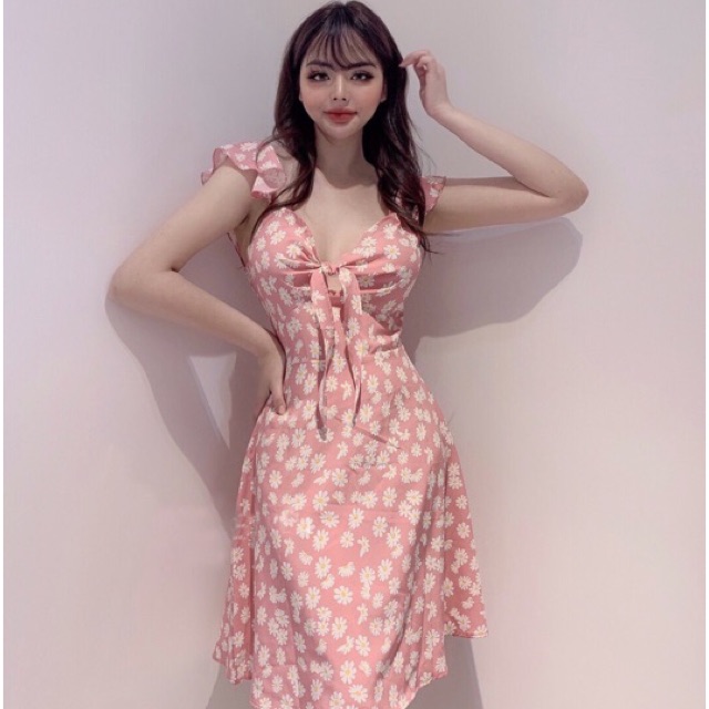 Đầm xoè hoa cúc cột nơ ngực tay cánh tiên cực yêu