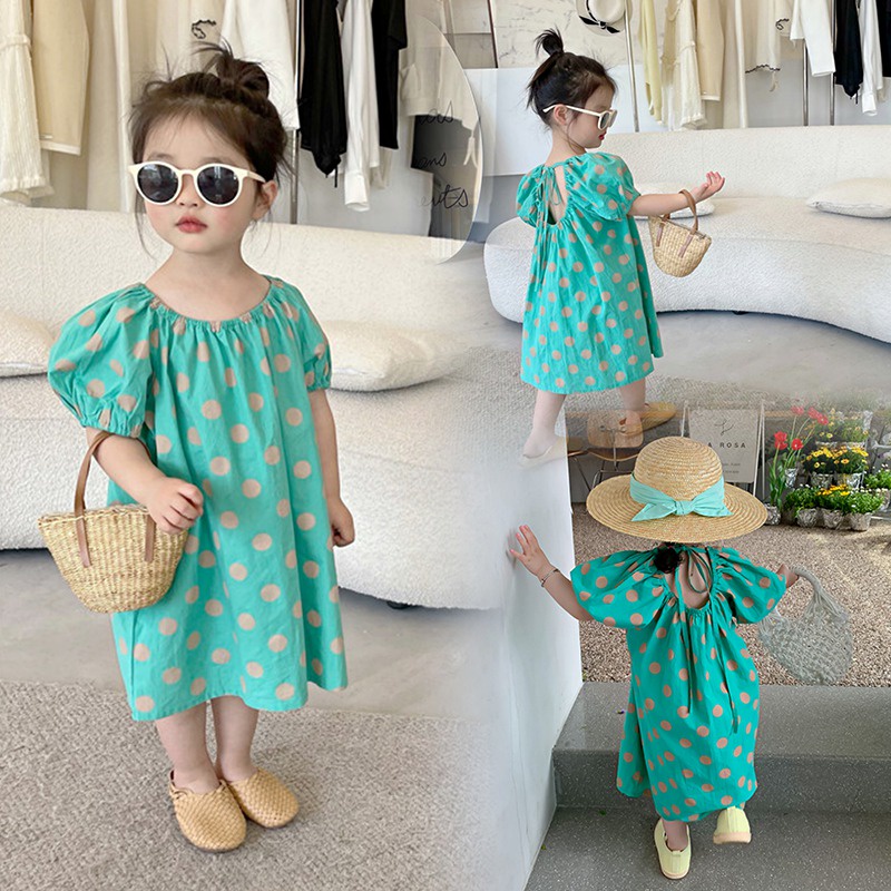 Đầm Công Chúa Tay Phồng Thắt Nơ Họa Tiết Chấm Bi Phong Cách Phương Tây Dễ Thương Dành Cho Bé Gái