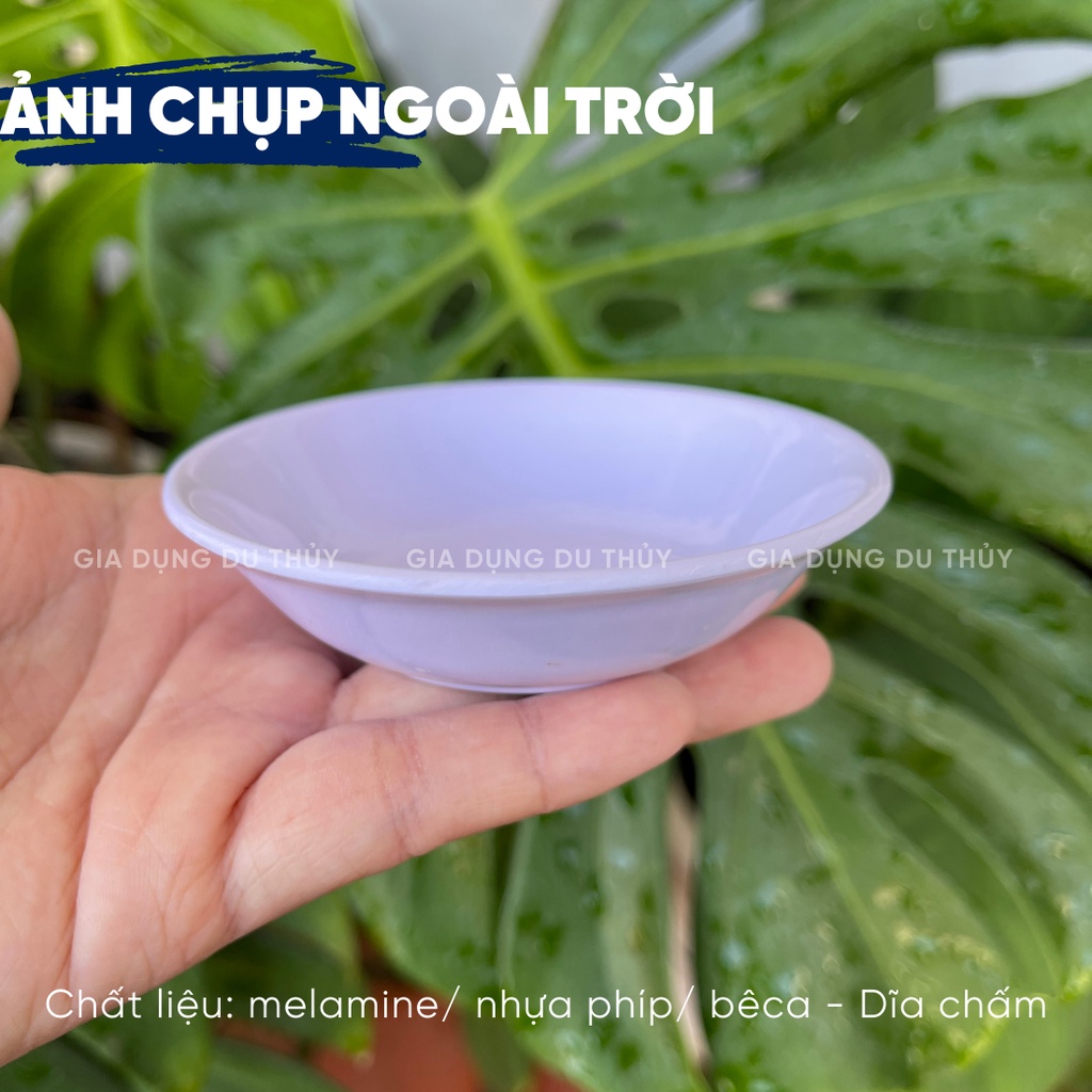 Dĩa chấm, chén nước mắm nhựa melamine nhựa phíp hình tròn, hình oval, màu trắng, vàng, xanh, hoa văn màu đỏ màu xanh