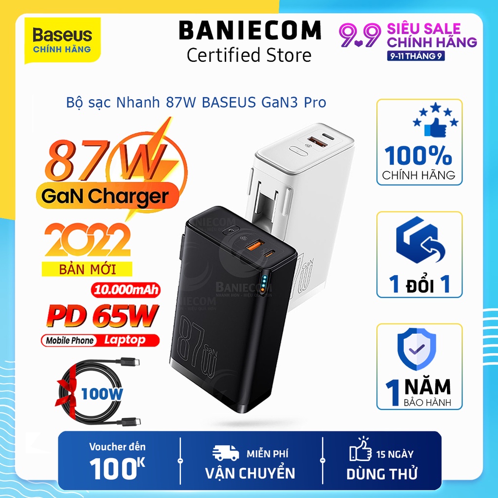 Bộ sạc có dây Baseus GaN3 Pro 87W cáp sạc 100W kiêm pin sạc dự phòng 10000mAh - 12 tháng BH