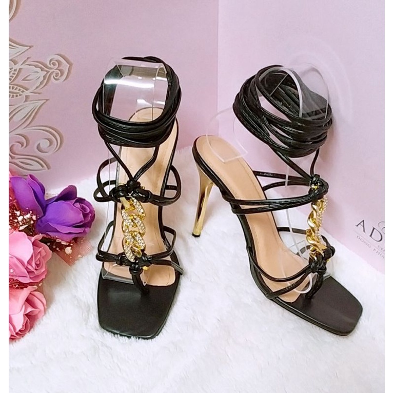 Giày cao gót nữ dây quấn cổ chân, gót nhọn mạ vàng cao 9.5cm, mẫu hot trend, lên chân cực sang