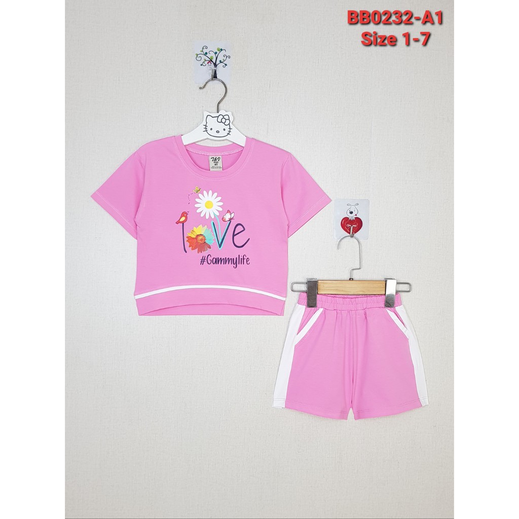 BB0232-A1- Bộ cộc tay , bé gái , in chữ LOVE , màu hồng phấn, size nhí 1t-7t - hàng Made in Vietnam