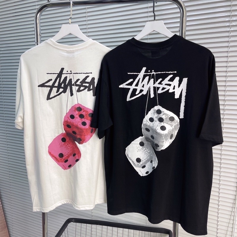 Áo Thun Stussy Bape Form Rộng Hoạ Tiết Xúc Xắc Màu Trắng Đen Vintage Nam N