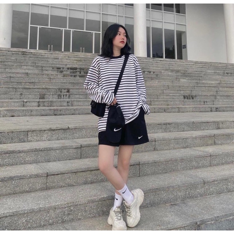 SÉT ÁO KẺ THỤNG DÀI TAY MIX MIX QUẦN ĐÙI THÊU CỰC XINH(kèm video ảnh thật)