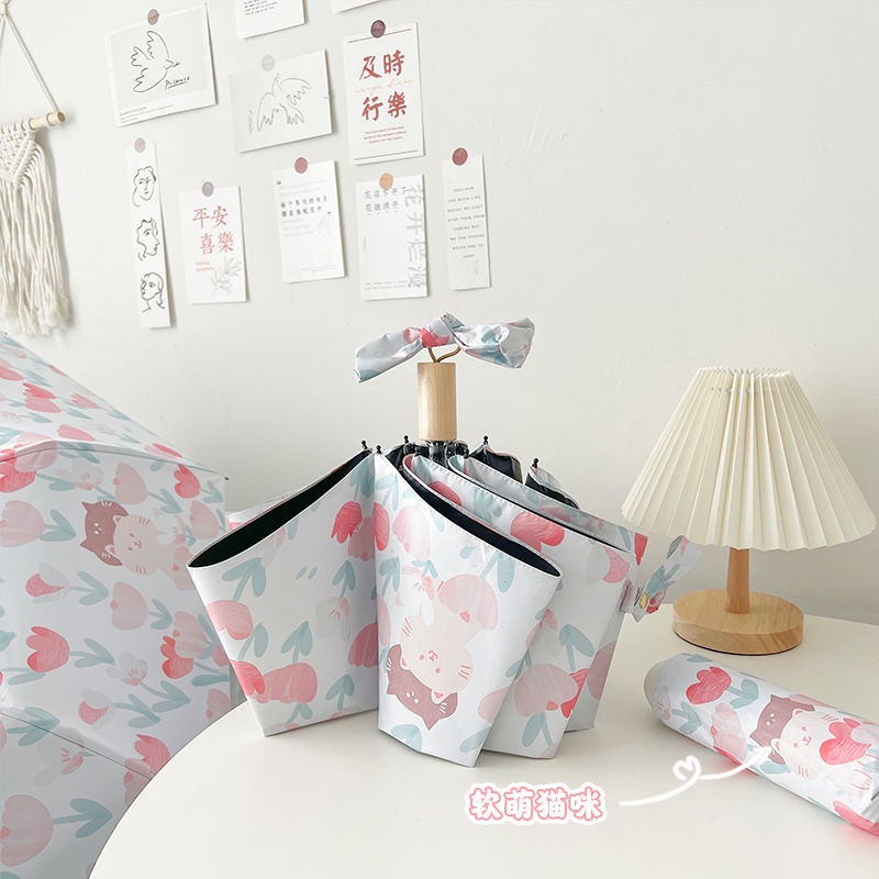Dù Che Nắng Mini Tự Động Chống Tia UV In Họa Tiết Mèo Dễ Thương