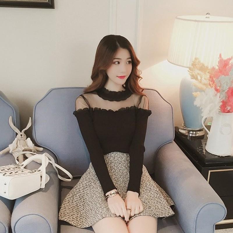 Áo sweater dài tay phối ren trễ vai gợi cảm bằng cotton pha dành cho nữ