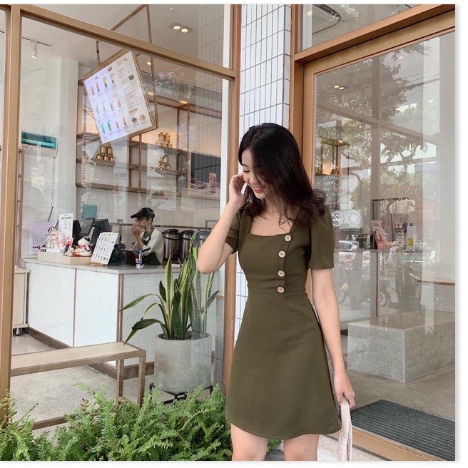 ĐẦM SUÔNG NỮ PHỐI NÚT CỔ VUÔNG TAY LỠ MẪU MÃ TRẺ TRUNG DỄ MẶC CỰC XINH