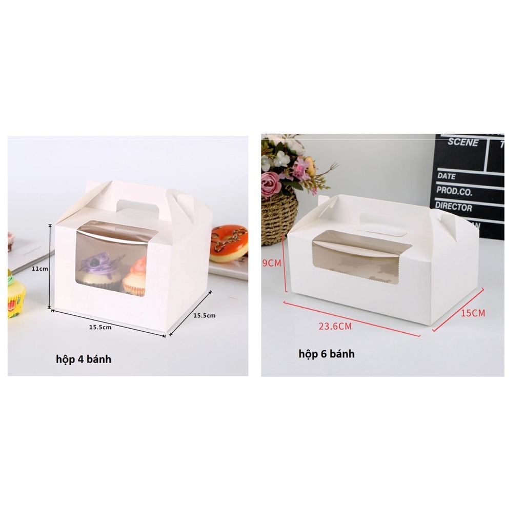 Hộp giấy cupcake trắng có quai xách 4-6 bánh