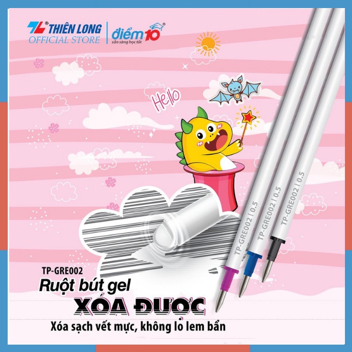 Bút gel xóa được Điểm 10 Mazzic GELE01, GELE02 ngòi 0.5mm đầu gôm xóa được hàng chính hãng Thiên Long
