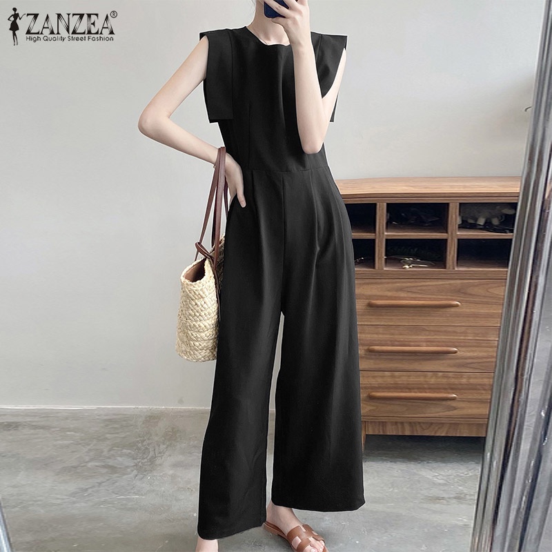 ZANZEA Áo liền quần Ống Rộng Không Tay Màu Trơn Thời Trang Cho Nữ