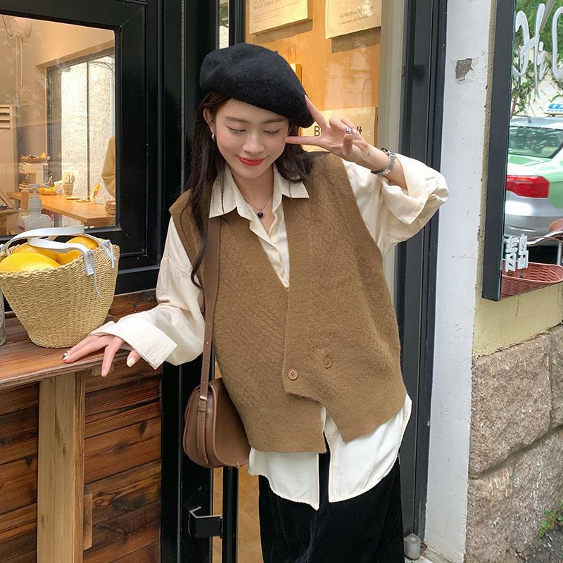Bộ áo sơ mi tay dài và áo len không tay cổ chữ V thời trang Hàn Quốc cho nữ (có bán lẻ)