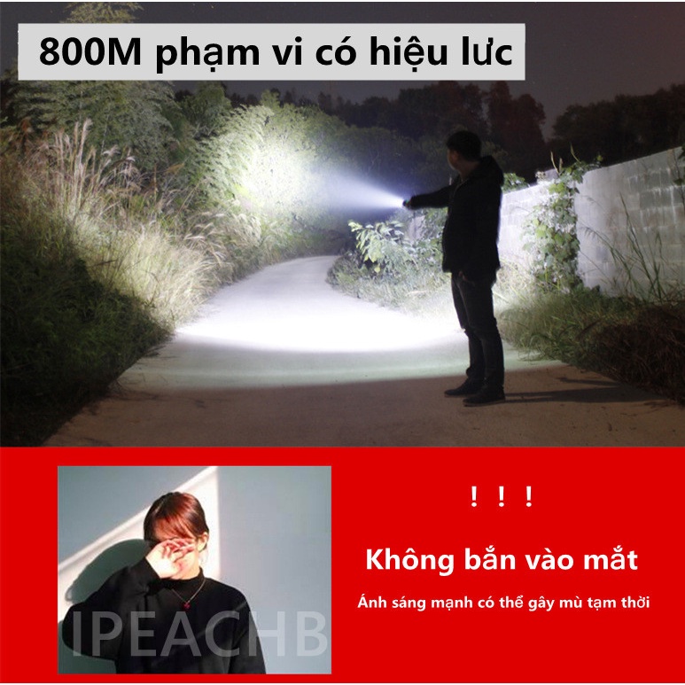 Đèn pin cầm tay siêu sáng 3 chế độ chiếu xa 800m chống thấm nước sạc tích điện siêu bền