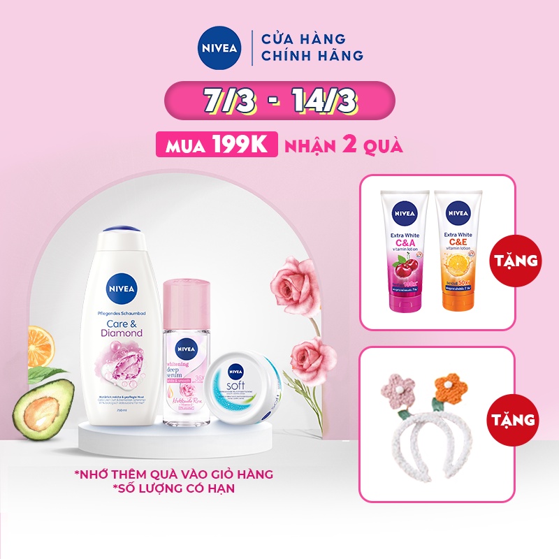 Bộ sữa tắm Diamond dưỡng ẩm và ngăn mùi NIVEA: Sữa tắm NIVEA 750ML, Lăn ngăn mùi Hokkaido 40ML &amp; Kem dưỡng ẩm 50ML