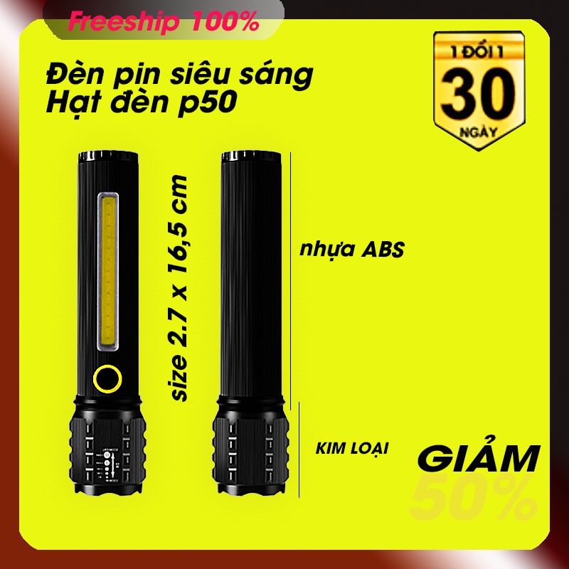 Đèn pin siêu sáng chuẩn bóng P50 đầu kim loại cán nhựa - size 2,7 x 16,5 cm - full hộp như hình.