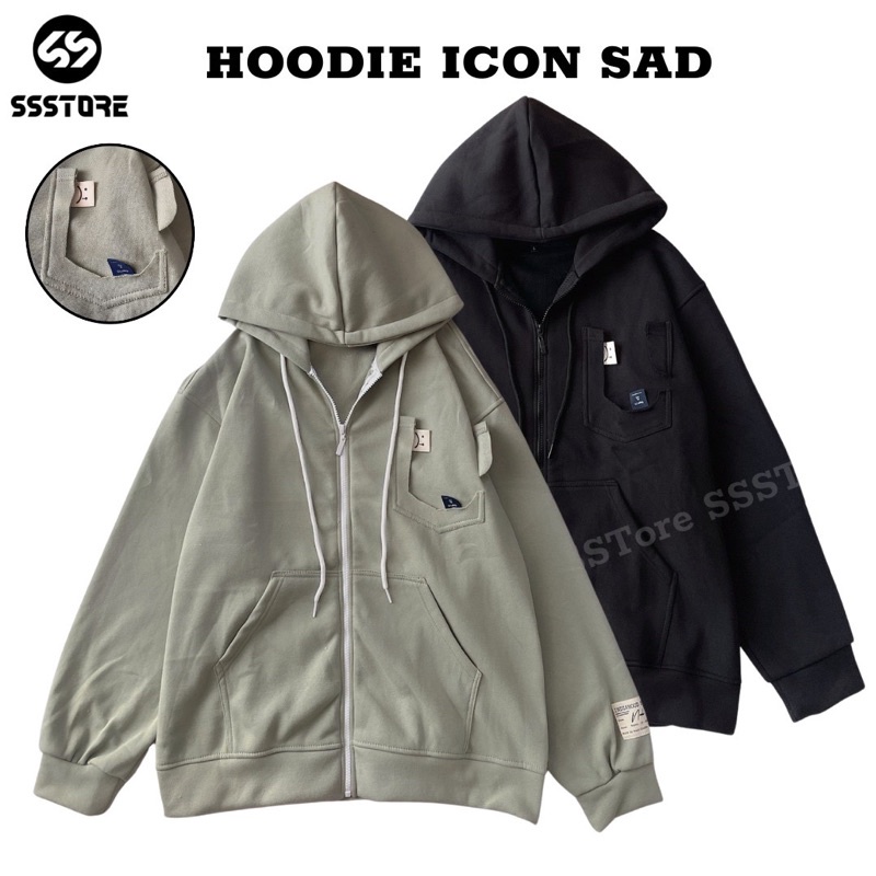 Áo khoác hoodie zip có nón vải nỉ bông cao cấp thêu họa tiết mặt cười màu xanh, đen form rộng unisex nam nữ - SSSTore