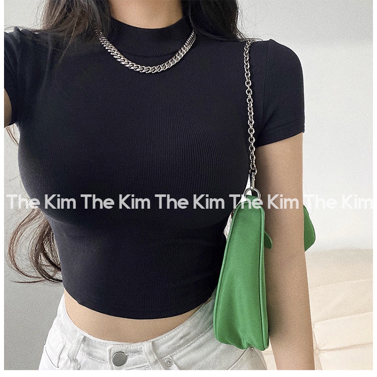 Áo thun tăm trơn ngắn tay cổ cao , cổ tròn , áo croptop basic tay ngắn ôm sát body The Kim A124