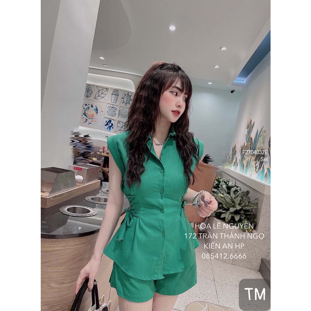 Set 2 món áo sơ mi đan dây hai bên eo sát nách phối quần short!