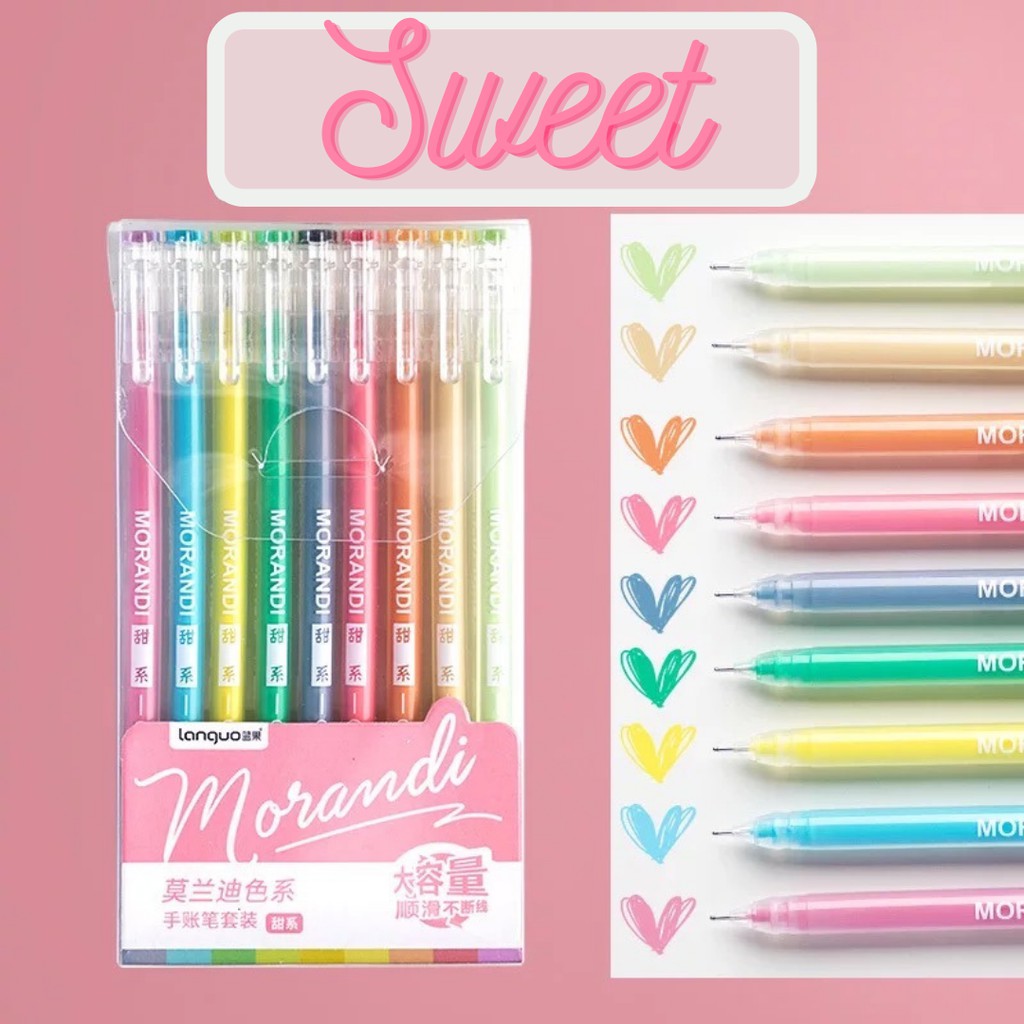 Set 9 bút gel Morandi nhiều màu mực ngòi 0.5mm take notes bài vở xinh xắn