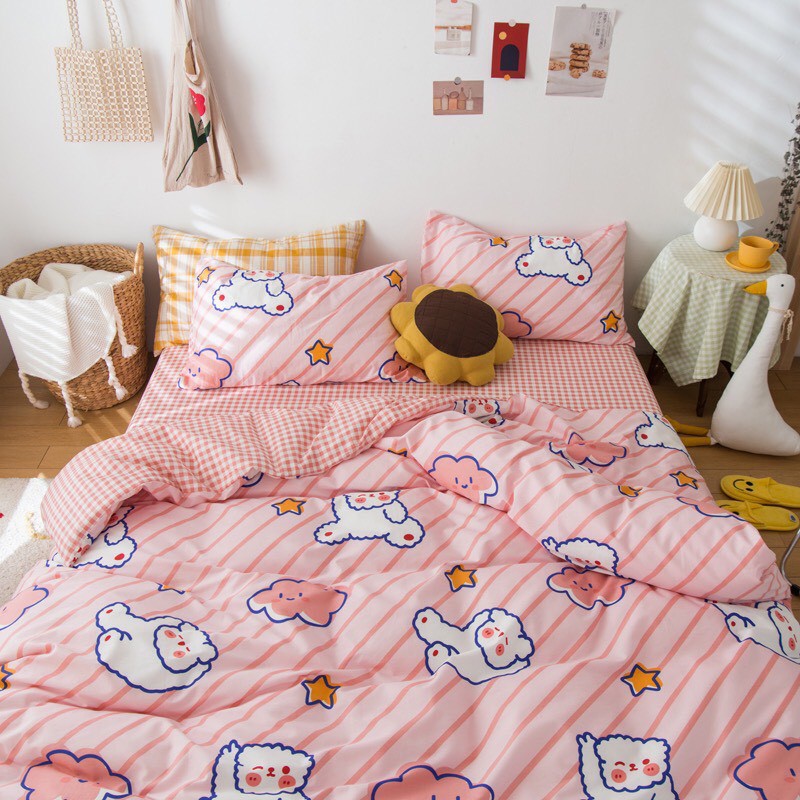 Bộ vỏ chăn ga gối Cotton Poly M2T bedding gấu hồng phối sọc, vỏ chăn mền, drap giường và 2 vỏ gối
