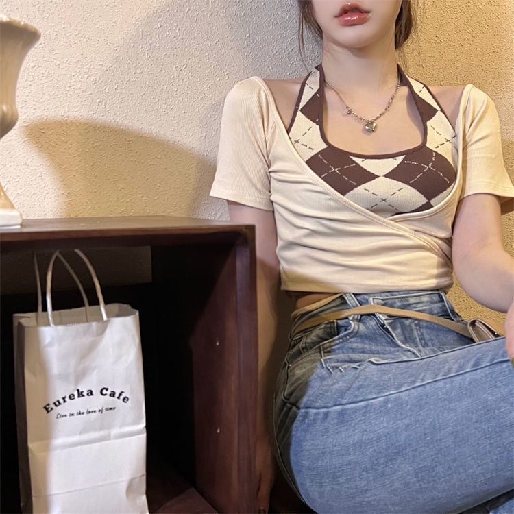 COZOK Set Áo Thun Tay Ngắn + Áo Hai Dây Đan Chéo Thời Trang Dành Cho Nữ