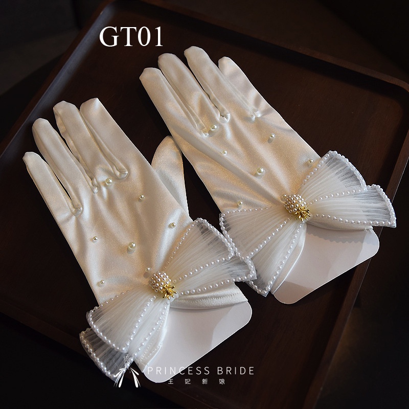 Găng tay cô dâu, găng tay đính ngọc trai, đính nơ