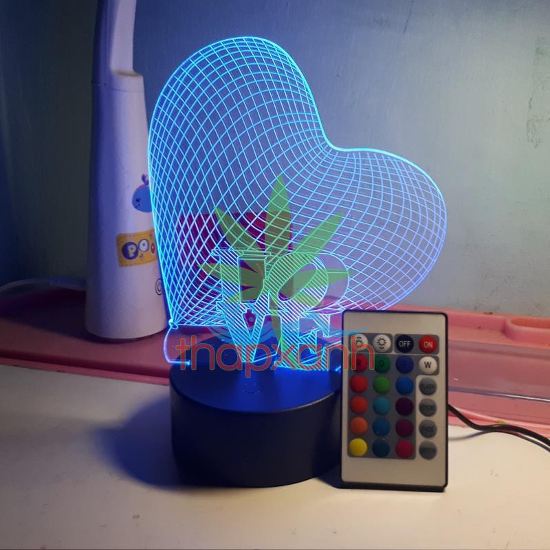 Đèn ngủ, Đèn trang trí Led 3D, Đèn ngủ 16 màu mini có điều khiển LOVE