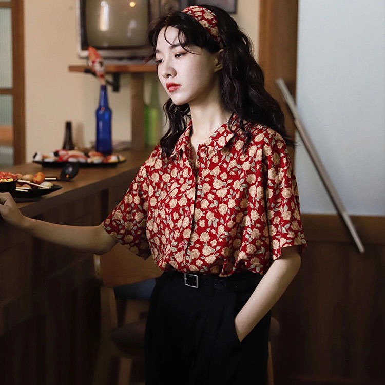 Áo Sơ Mi Tay Ngắn Dáng Rộng In Hoa Kiểu Vintage Hàn Quốc Dễ Thương Cho Nữ