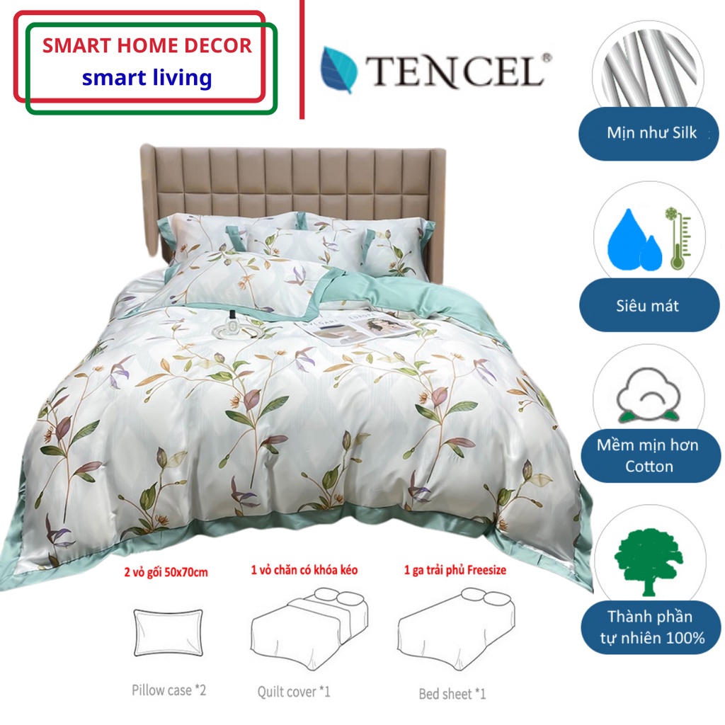 Bộ chăn ga gối cao cấp 100%Tencel 100s Họa tiết hoa leo Digital, Chất liệu siêu mềm mát mịn