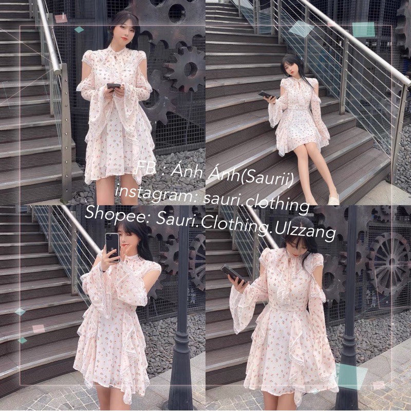 phong cách Hàn Quốc SẴN🖤Đầm xoè voan hoa nhí ulzzang tiểu thư công chúa xinh xắn nhẹ nhàng dạo phố |Váy bánh bèo khoét