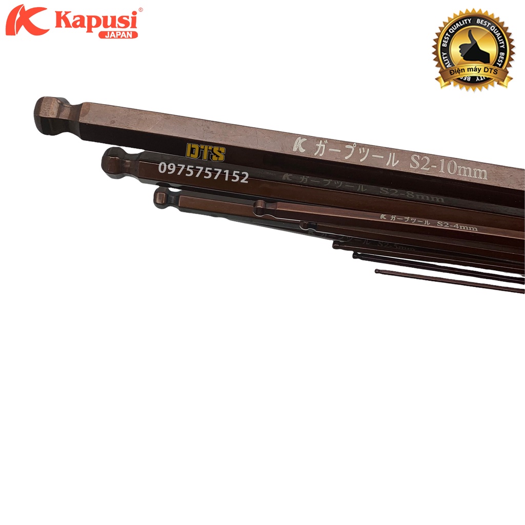 Bộ lục giác đầu bi thép nâu S2 dài Nhật Kapusi JAPAN 9 chi tiết 1.5-10mm tay chữ L tối ưu, bộ khóa lục giác chìm đa năng