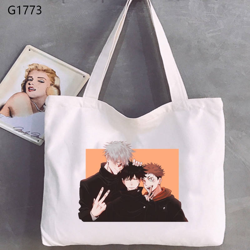 Anime Nhật Bản Jujutsu Kaisen Họa Tiết Túi Đeo Vai Thời Trang Màu Trắng Ngang Dây Kéo Túi Vải
