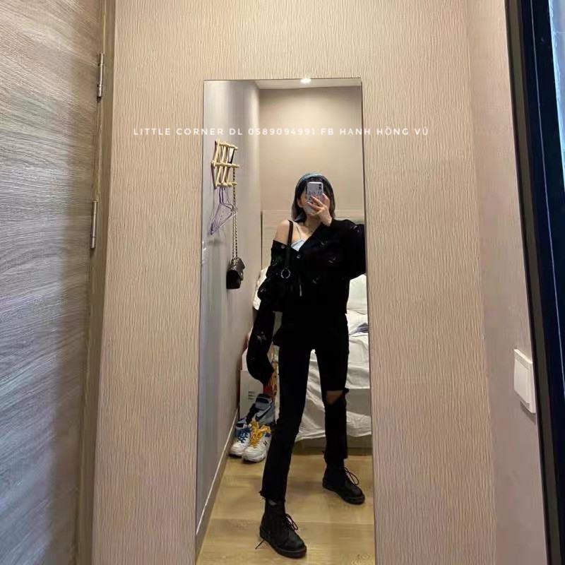 Quần baggy jean đen ống suông xẻ rách gối có Bigsize quảng châu hàng sẵn
