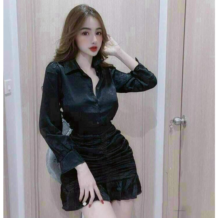 Sét Đồ Bộ Thời Trang Nữ Chất Lụa Satin Áo Sơ Mi Tay Dài Cài Nút & Chân Váy Nhún Bèo ( Có Kèm Lót Trong )