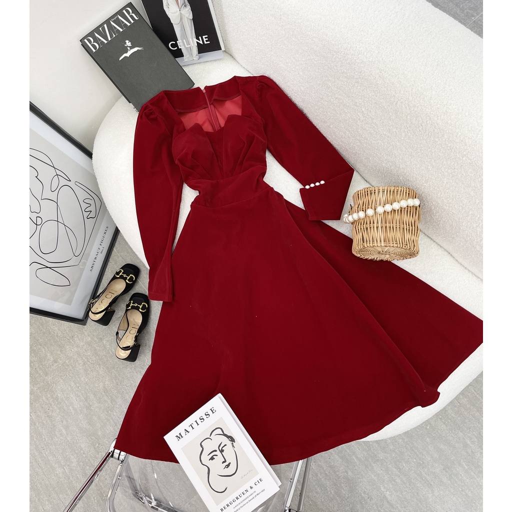 Váy Nhung Nữ Đỏ, Đầm Xòe Xếp Ly Ngực Phối Ngực Chất Nhung Dày Dặn Hàng Thiết Kế, Đủ Size Siêu Sang. | BigBuy360 - bigbuy360.vn