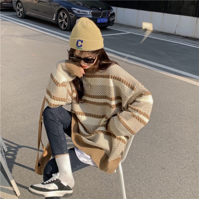 Áo len dệt kim dáng rộng hoạ tiết kẻ ngang dày dặn cho nam nữ phong cách hàn Quốc unisex HanaStore