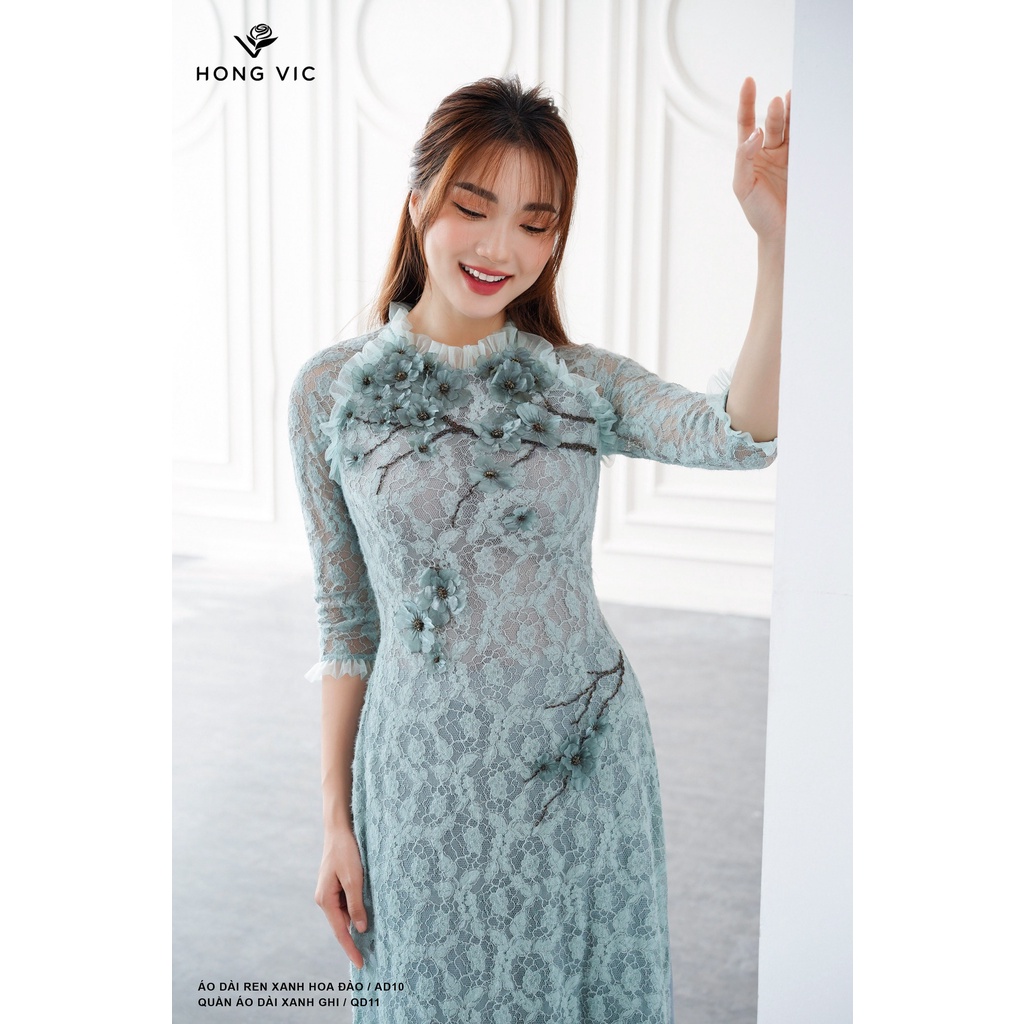 Áo dài kiểu nữ thiết kế Hongvic ren xanh hoa đào AD10