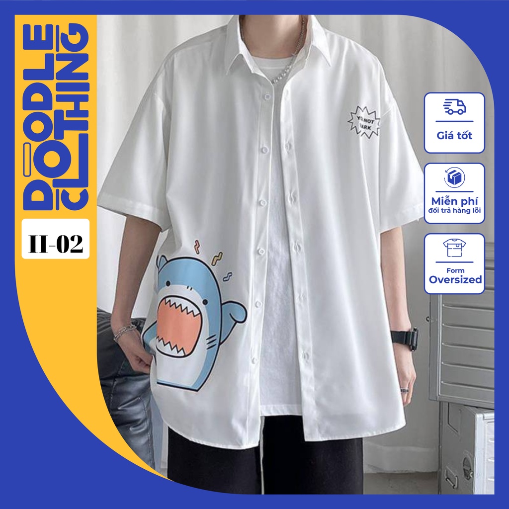 Áo sơ mi nam nữ unisex tay lỡ form rộng hình cá mập xanh há miệng