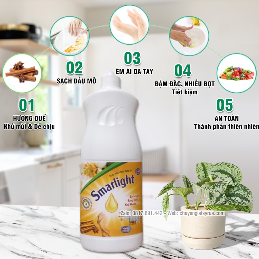 Nước Rửa Bát Hữu Cơ Chai Lớn Tiết Kiệm, Hương Quế Đậm Đặc, An Toàn, Bảo Vệ Da Tay Smarlight 800ml