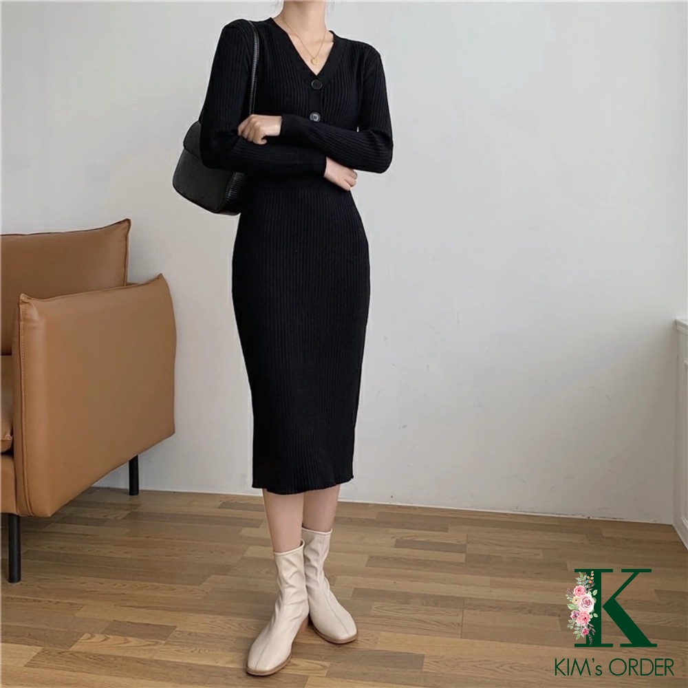 Đầm Len Dự Tiệc Body Cổ V Phối Cúc Màu Đen Be Trắng Đỏ Dài Tay Dáng Dài, Váy Len Ôm Sát Style Hàn Quốc Sang Chảnh