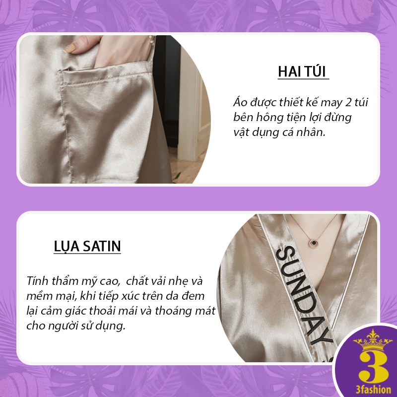 Áo Choàng Ngủ Tay Lửng Có Túi Thêu Chữ Sang Chảnh Vải Lụa Satin Cao Cấp Nhẹ Mềm Mịn Thoáng Mát - N15