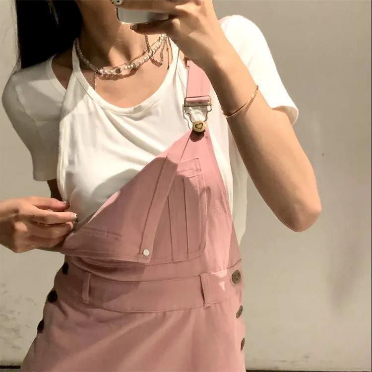 Pink denim strap skirt girls spring and summer style ins Korean version of the new college style girls feel pleated dress trend