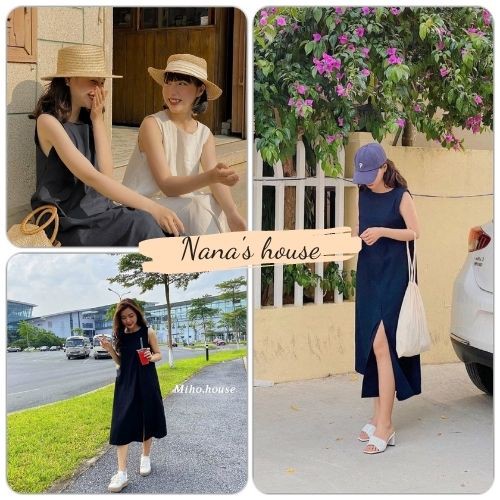 Đầm Midi Ba Lỗ Xẻ Tà 🎁 Nana's House - FREESHIP 🎁 Váy suông trơn dáng dài cổ tròn thiết kế xẻ vạt 2 bên cá tính Ulzzang