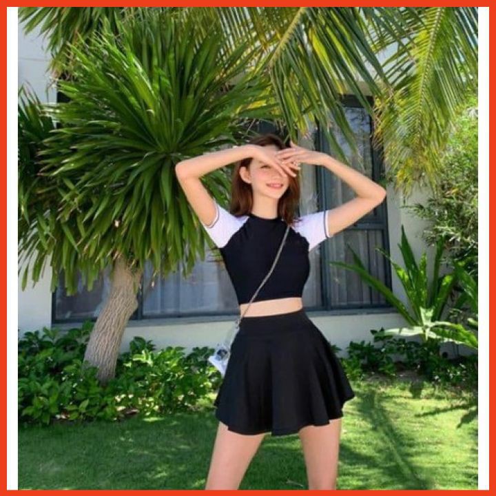 Bộ Bơi 2 Mảnh Cộc Tay Dáng Váy Thời Trang Bikini Hai Mảnh Hàn Quốc Đi Biển Kín Đáo SV2M0CT