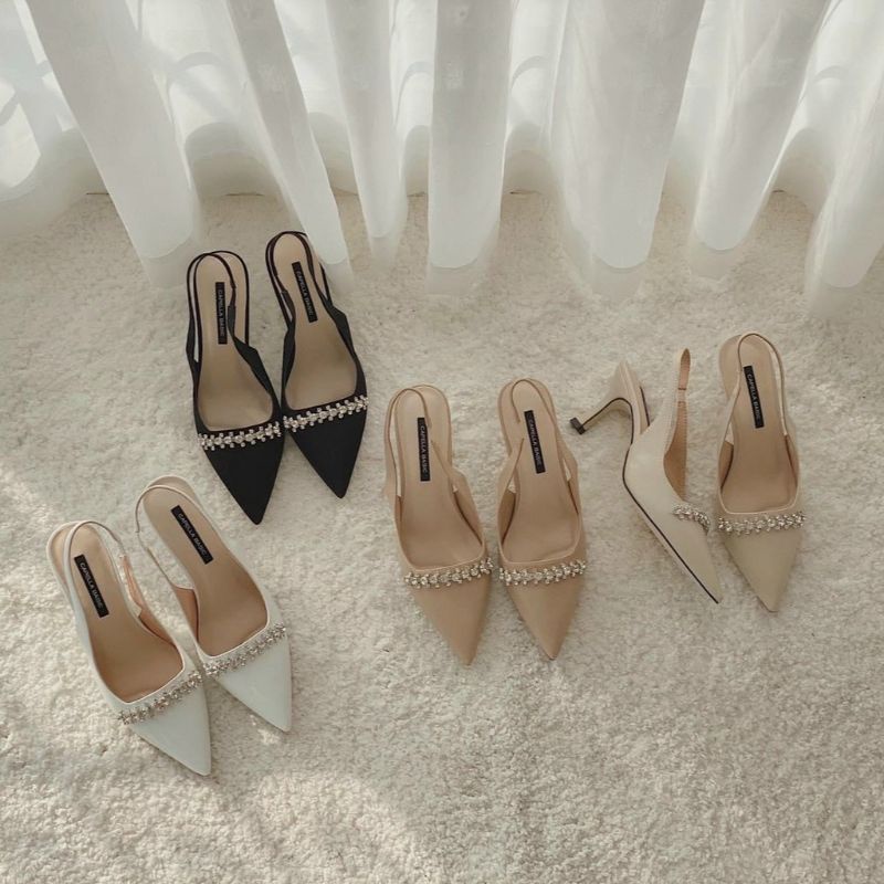Giày cao gót mũi nhọn đính đá dáng hở gót thanh lịch thời trang gót nhọn cao 7cm