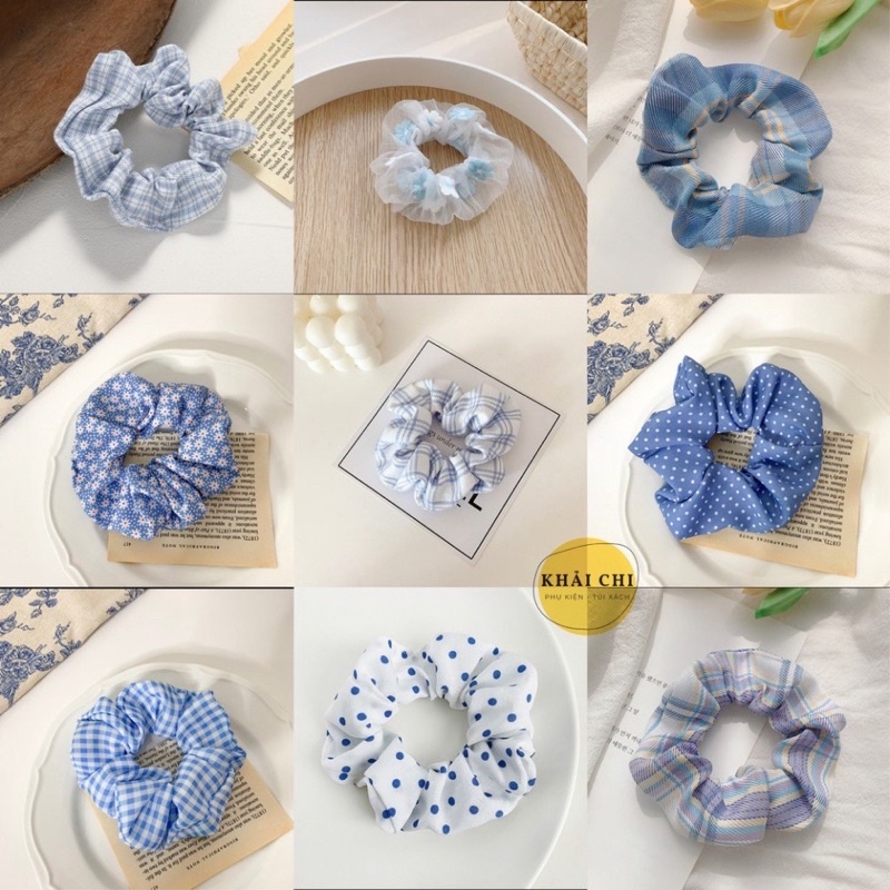Dây buộc tóc FREESHIPdây cột tóc vải Scunchies nhiều mẫu tone Xanh Biển