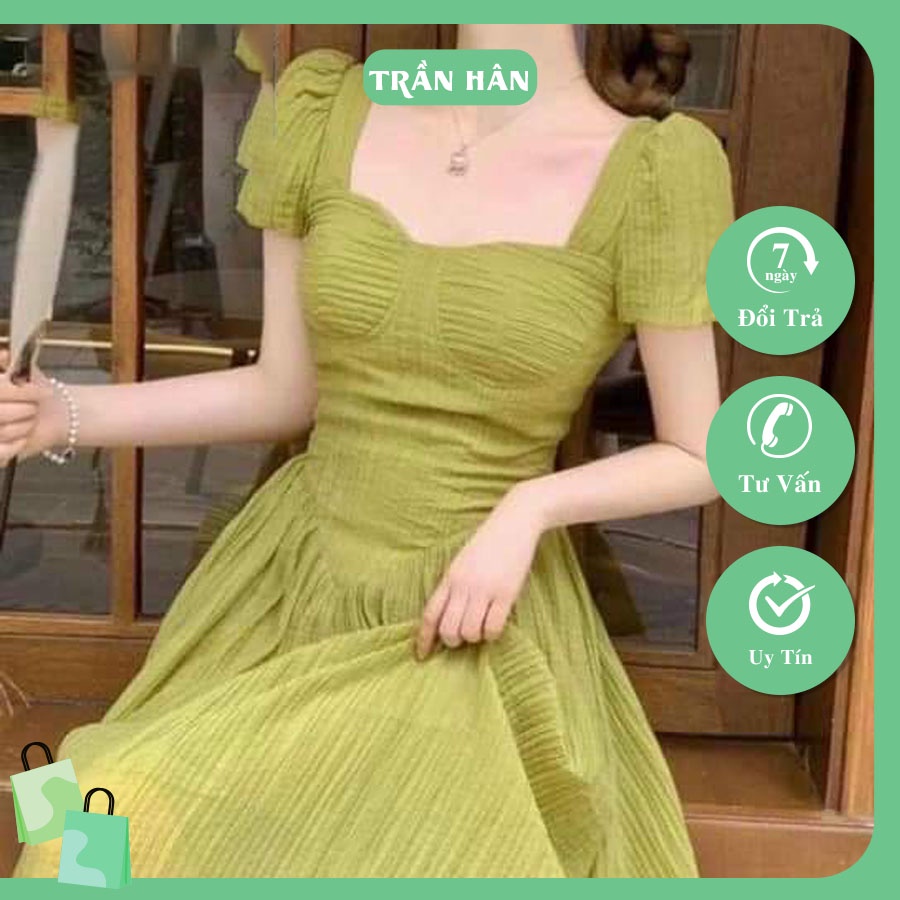 Váy thiết kế nữ tay bồng chất đũi hàng 2 lớp có cúp ngực tiểu thư bánh bèo siêu xinhI Trần Hân Shop 3007458