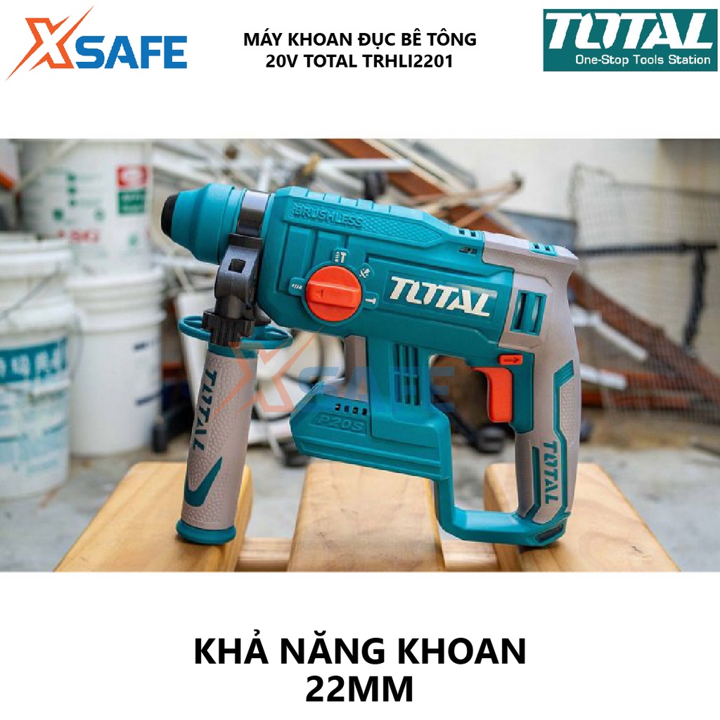 Máy khoan đục dùng pin 20V TOTAL TRHLI2201 motor không chổi than, hệ thống đầu gài SDS plus, không kèm pin sạc - xsafe