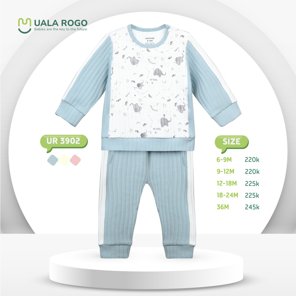 Bộ Uala Rogo Cotton dài tay cài vai voi nhí quần trơn gân cao cấp thấm hút tốt cho bé trai bé gái 3902