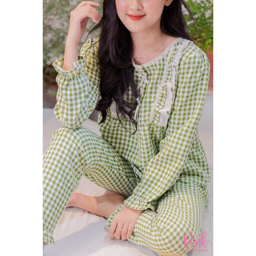 Bộ Ngủ Nữ Pijama Dài Tay Xanh Lục Caro Chất Vải Kate Ấm Siêu Mềm Mịn Đồ Nữ Mùa Đông Thời Trang Hàn Quốc Nữ Tính
